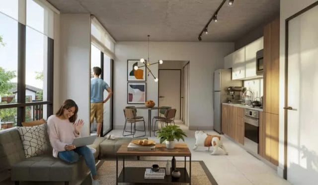 Vistas del apartamento modelo de Begin, sala y comedor.